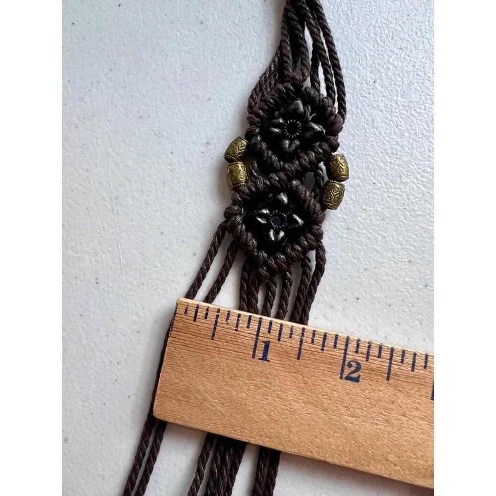 Brown Woven Boho Tie Belt Flower Beads Women's Size S / M (See Measurements)